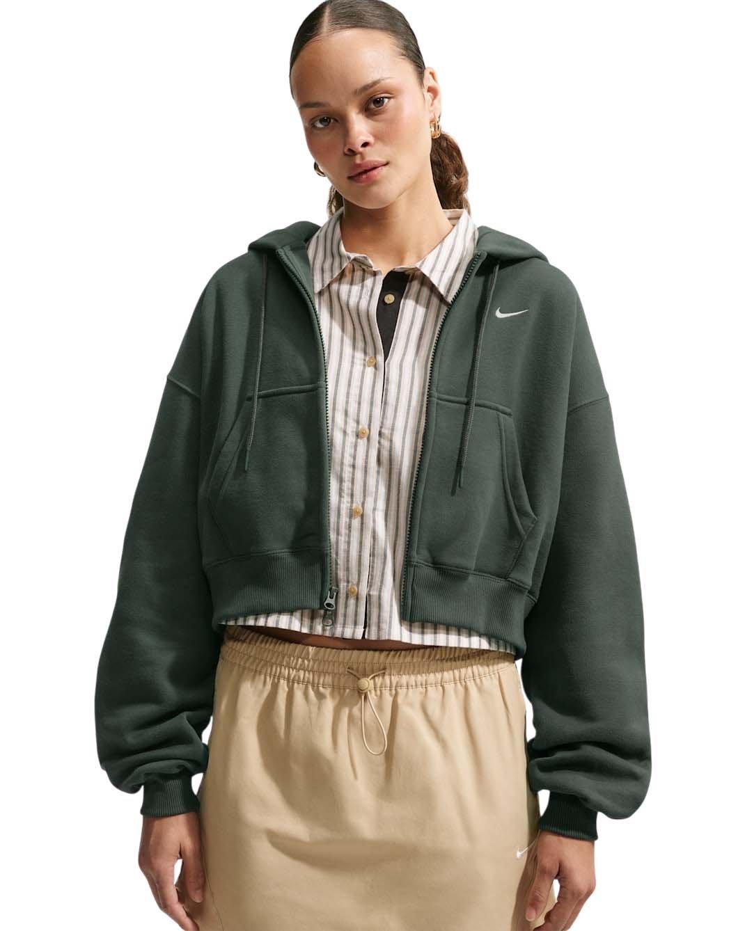 Nike Women's Studio Fleece Medium Weight Oversized Full-Zip Cropped Hooded Jacket - Green - GREEN